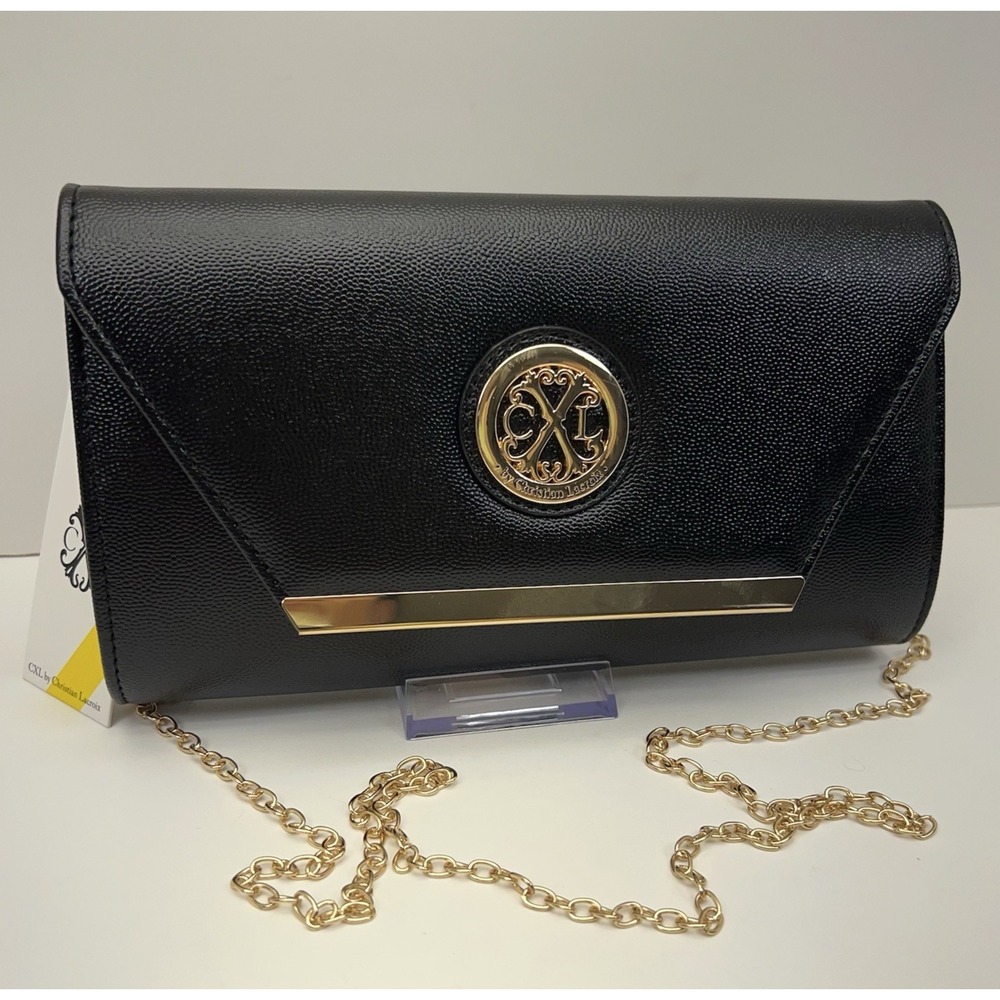CXL By CHRISTIAN LACROIX Glam Caviar Black Clutch Gold Detachable Chain NWT
